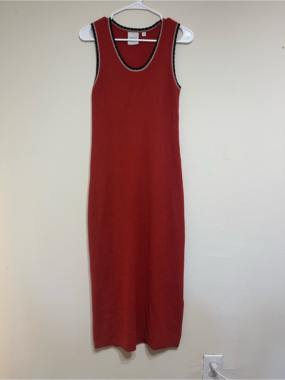 Varley Red Sleeveless Knit Midi Dress with Contrast Trim
